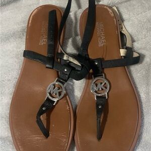 Michael Kors Black Leather MK Logo Thong Sandals with Brown Footbed